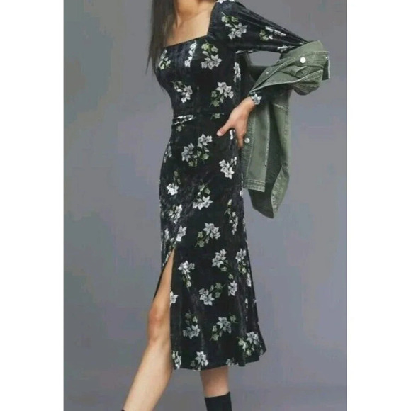 Hutch Anthropologie Dress Womens XS Black Floral Velvet Empire Waist Side Slit - Picture 8 of 8